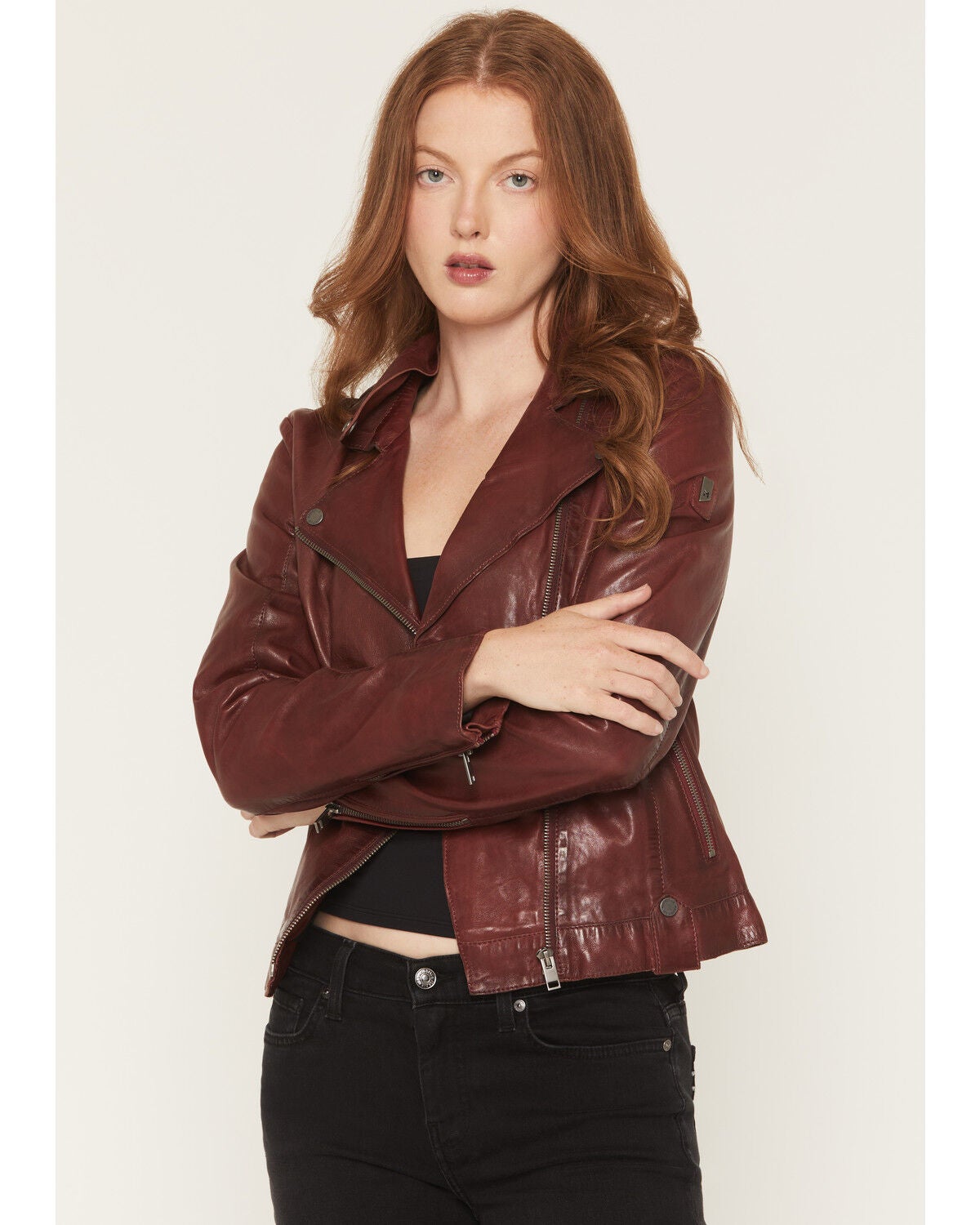 Mauritius Leather Women's Fayola Featherweight Leather Moto Jacket, Wine, hi-res