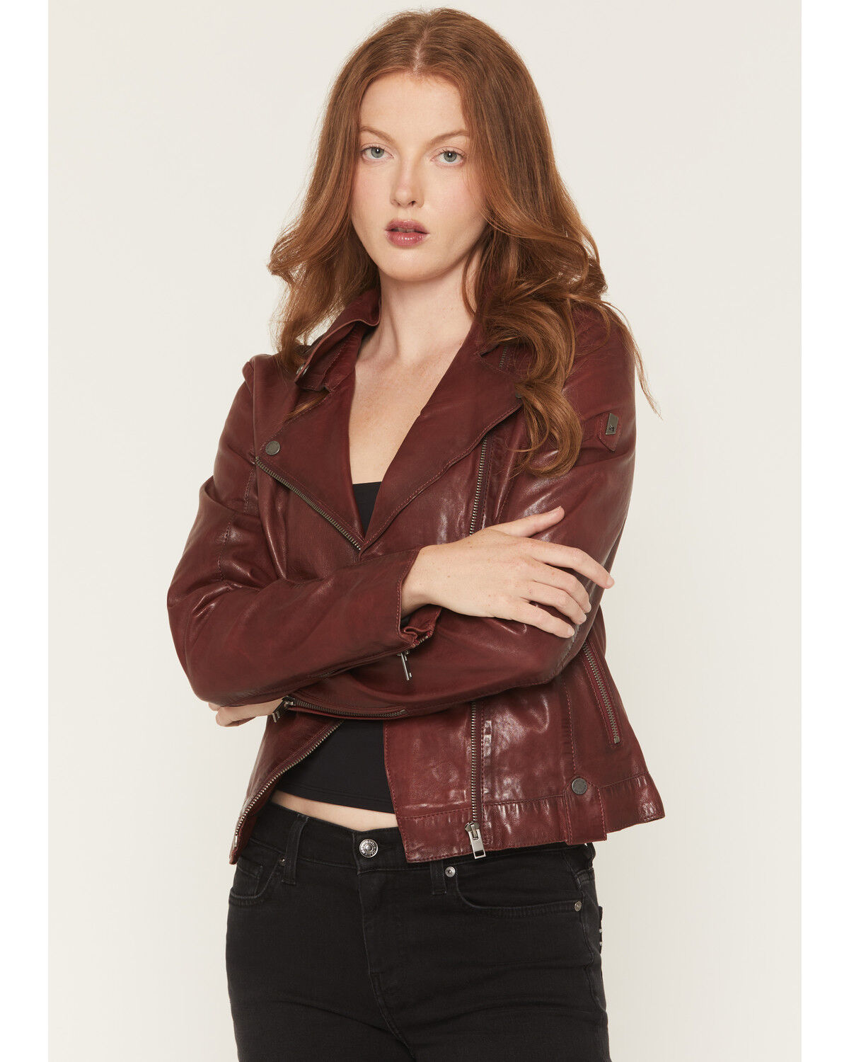 Image #1 - Mauritius Leather Women's Fayola Featherweight Leather Moto Jacket, Wine, hi-res