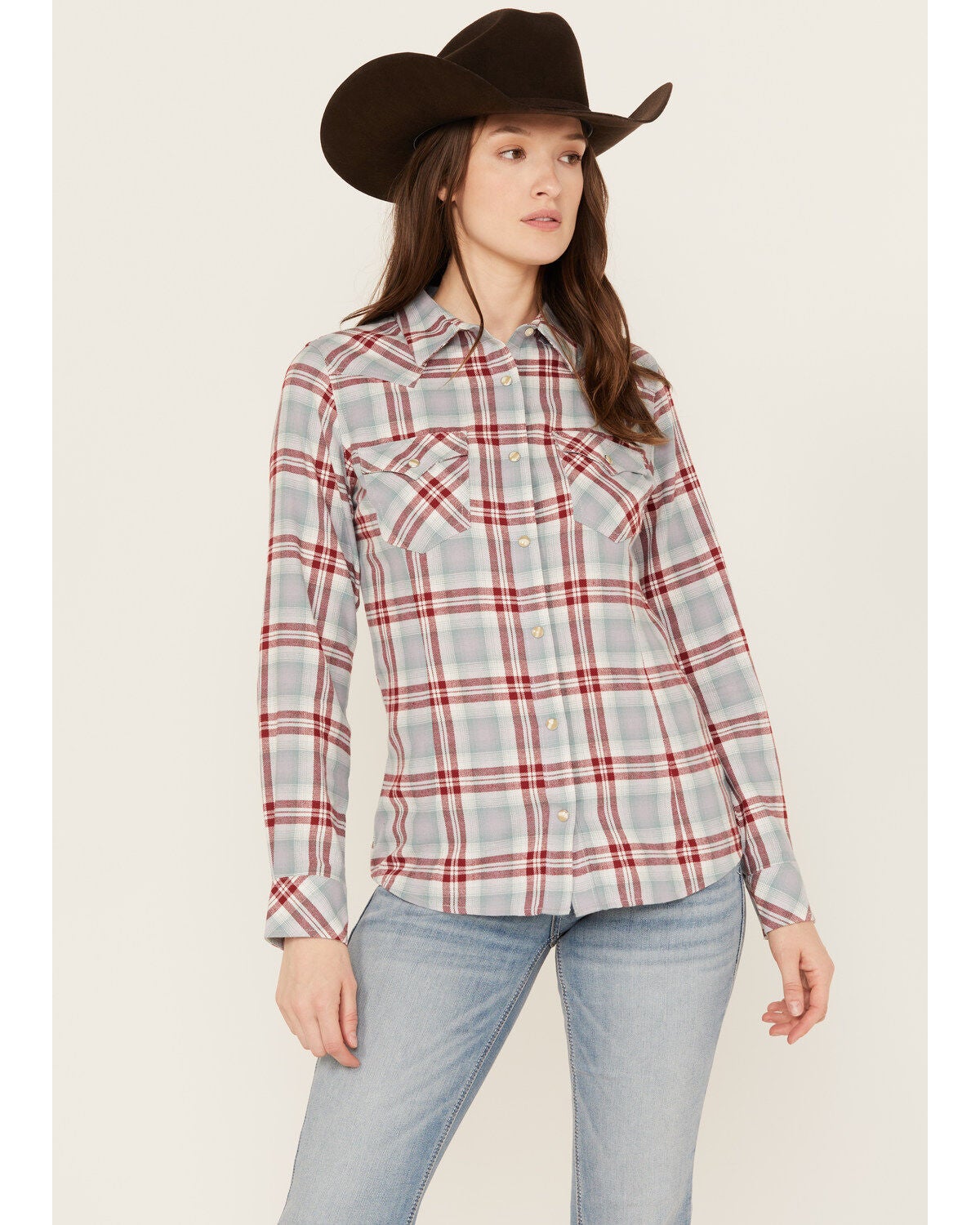 Wrangler Retro Women's Boot Barn Exclusive Long Sleeve Snap Western Flannel Shirt, Steel Blue, hi-res