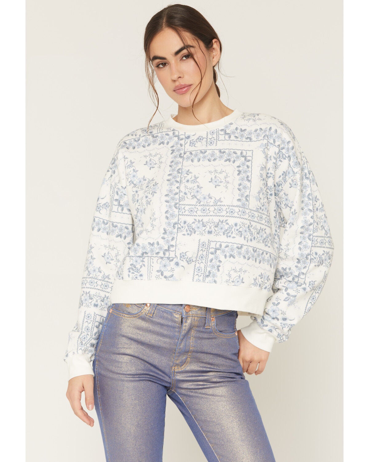 Image #1 - Originality Women's Bandana Cropped Fleece Sweatshirt, White, hi-res