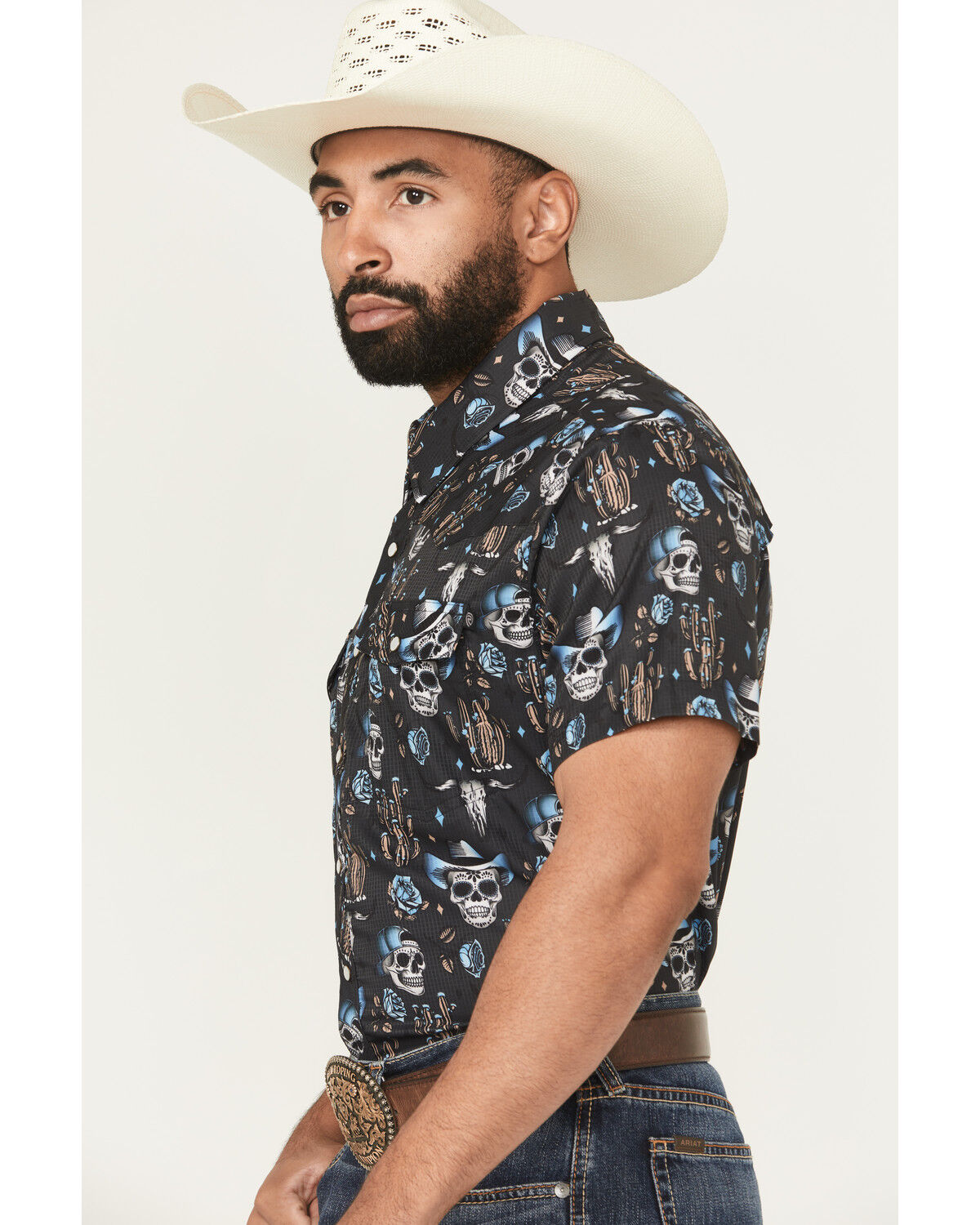 Image #2 - Rock & Roll Denim Men's TEK Skull Print Short Sleeve Snap Western Shirt, Charcoal, hi-res