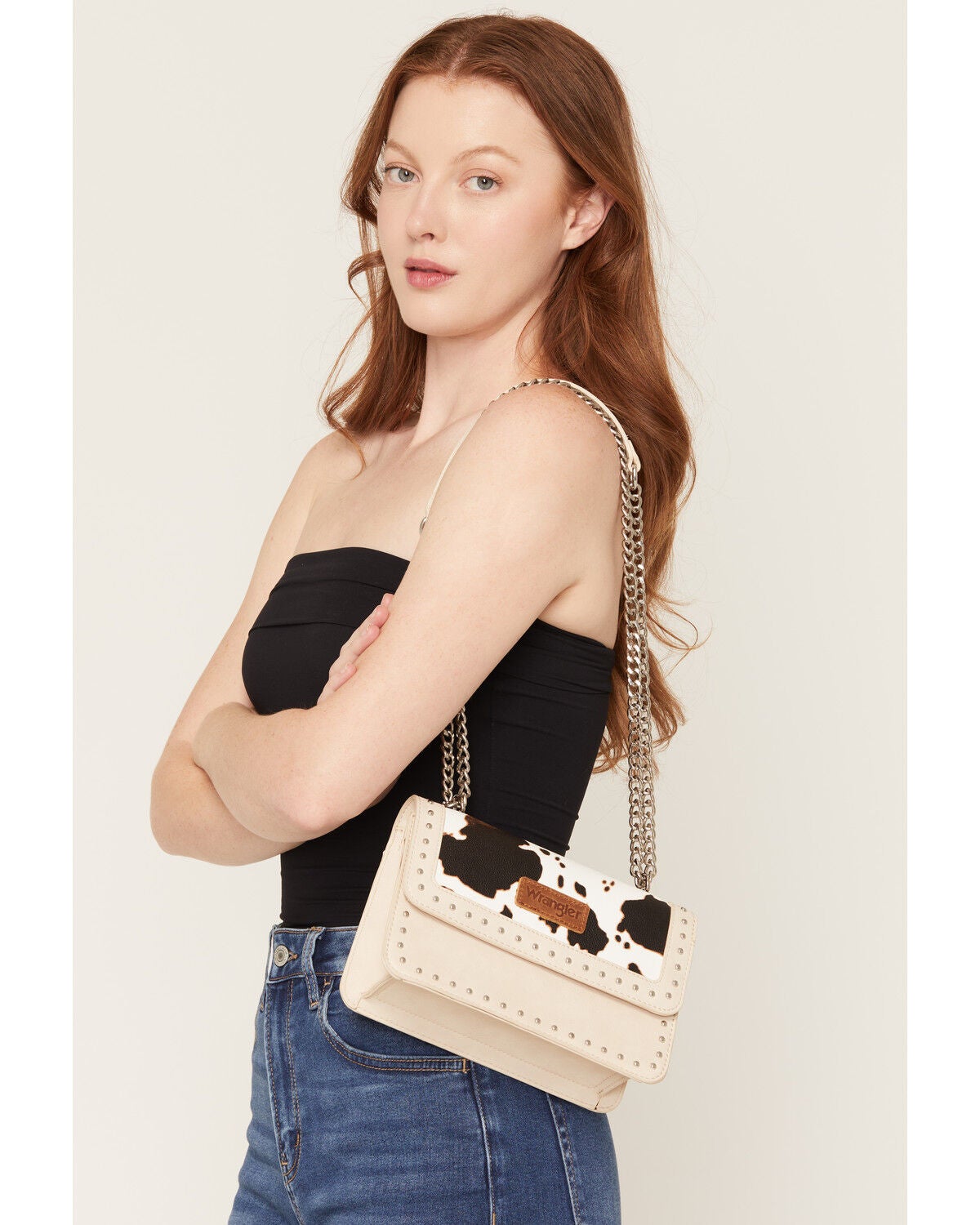 Wrangler X Boot Barn Women's Cow Print Large Clutch with Chain Strap, Beige, hi-res