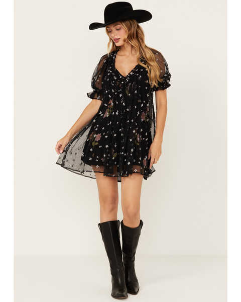 Free People Women's With Love Embroidered Mesh Mini Dress, Black, hi-res
