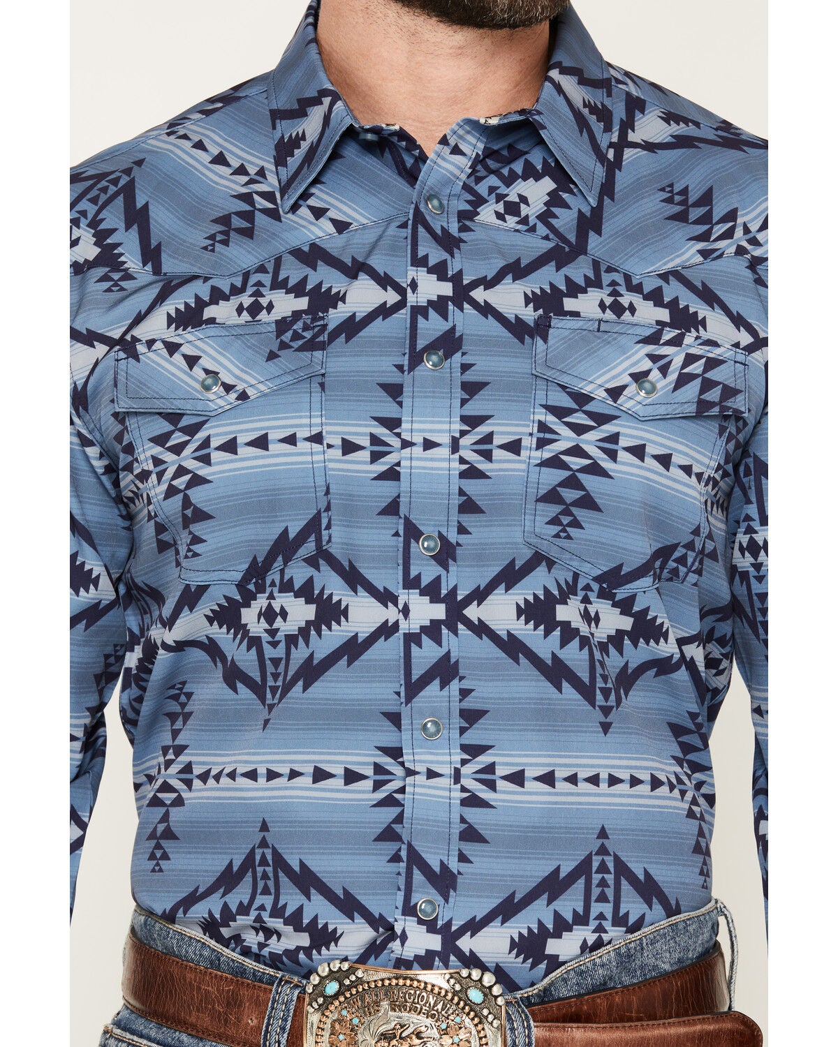 Image #3 - RANK 45&reg; Men's Blue Horizon RODEOTEK&trade; Southwestern Print Long Sleeve Snap Western Shirt, Medium Blue, hi-res