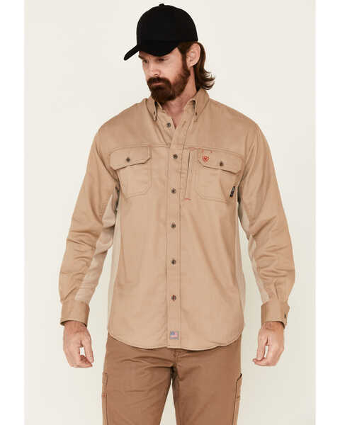 Ariat Men's FR Solid Vent Long Sleeve Work Shirt , Beige/khaki, hi-res