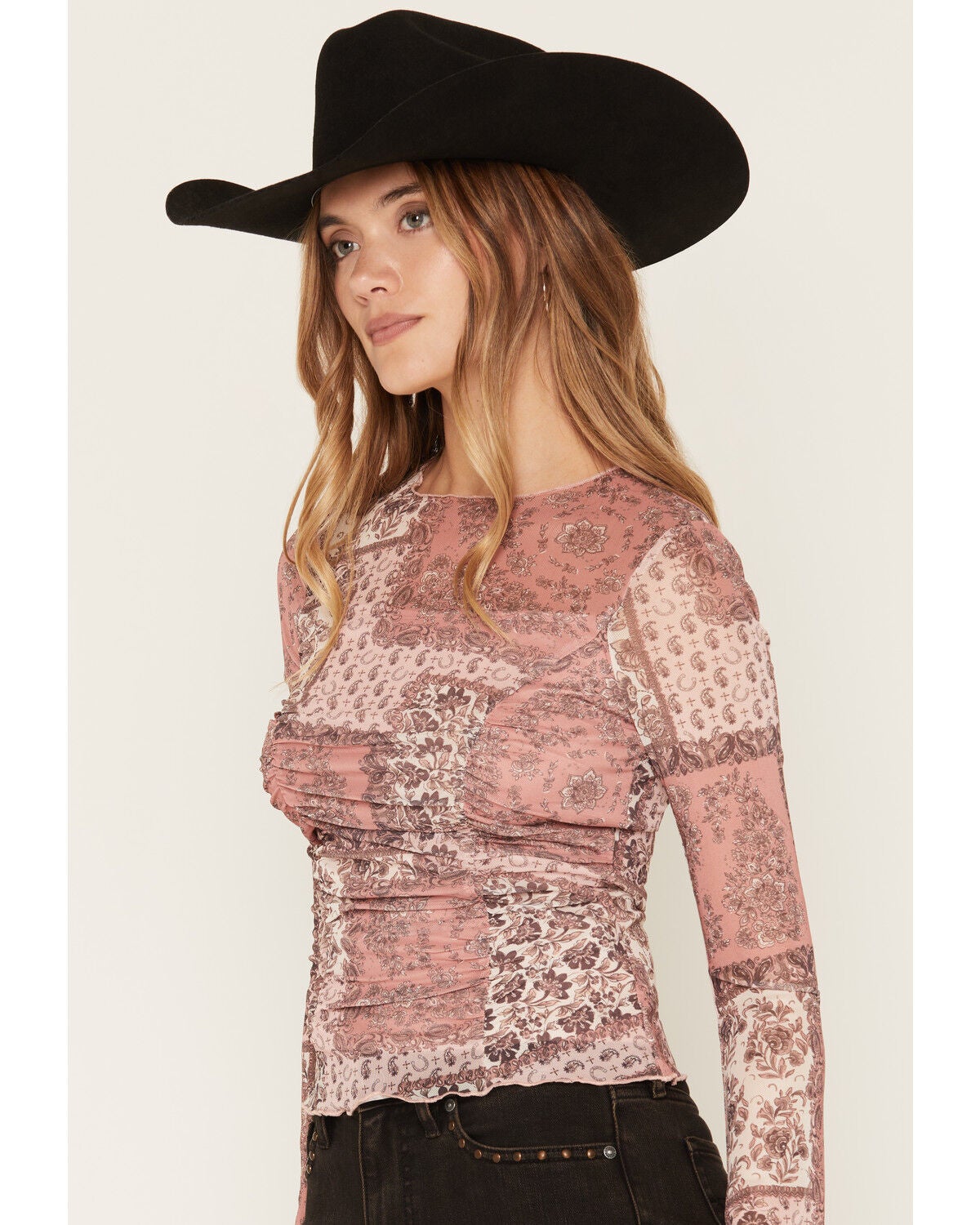 Image #2 - Ash & Violet Women's Floral Print Mesh Long Sleeve Top, Mauve, hi-res