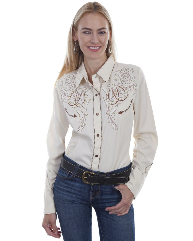 Western Scully Women's Cream Horseshoe Long Sleeve Western Shirt | Boot ...