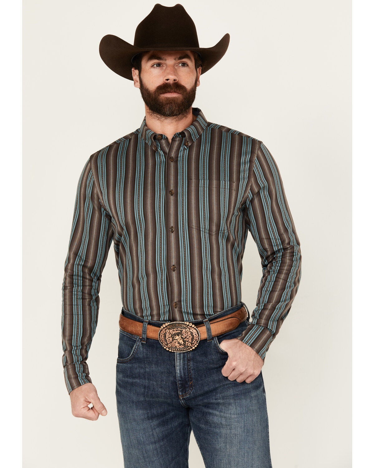 Cody James Men's Boa Dobby Striped Print Long Sleeve Button-Down Stretch Western Shirt, Black, hi-res