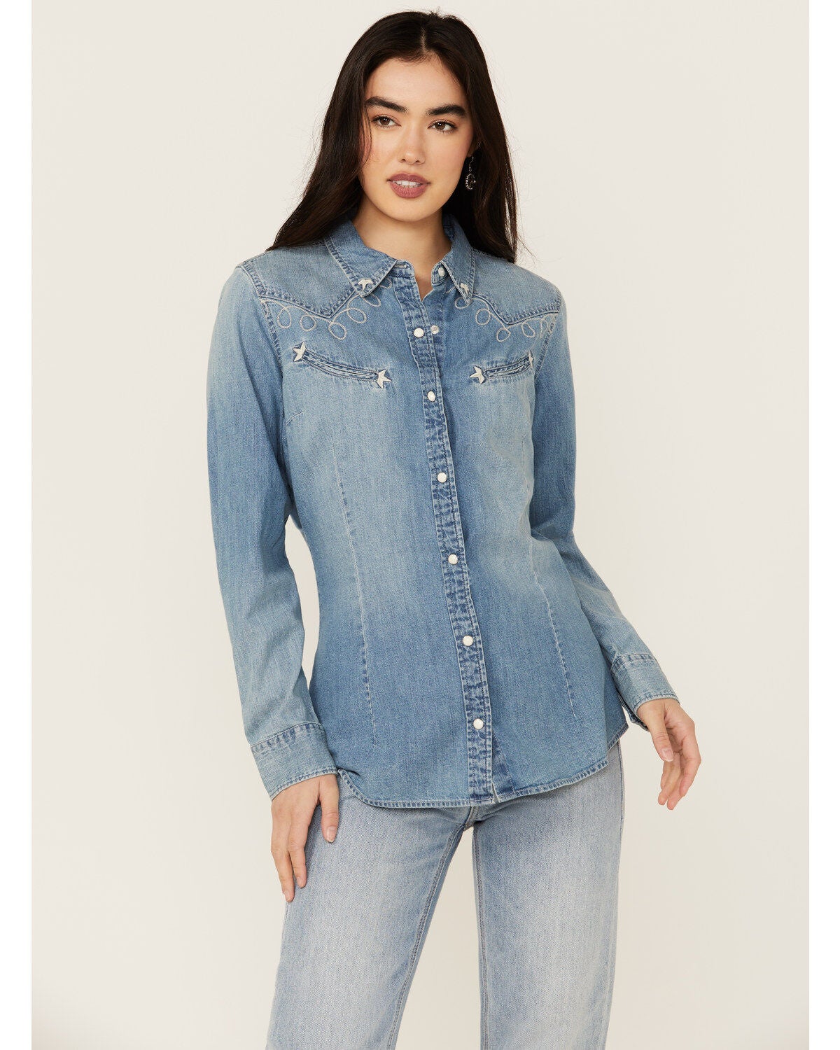 Wrangler Retro Women's Light Wash Embroidered Long Sleeve Pearl Snap Denim Western Shirt, Blue, hi-res