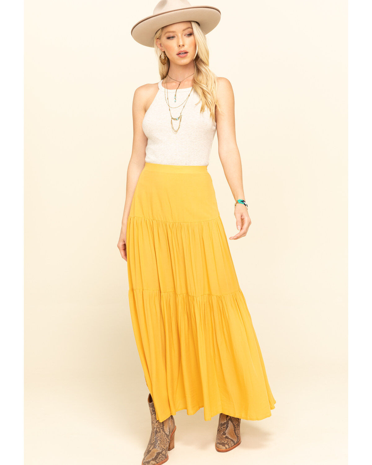 mustard yellow tiered maxi skirt