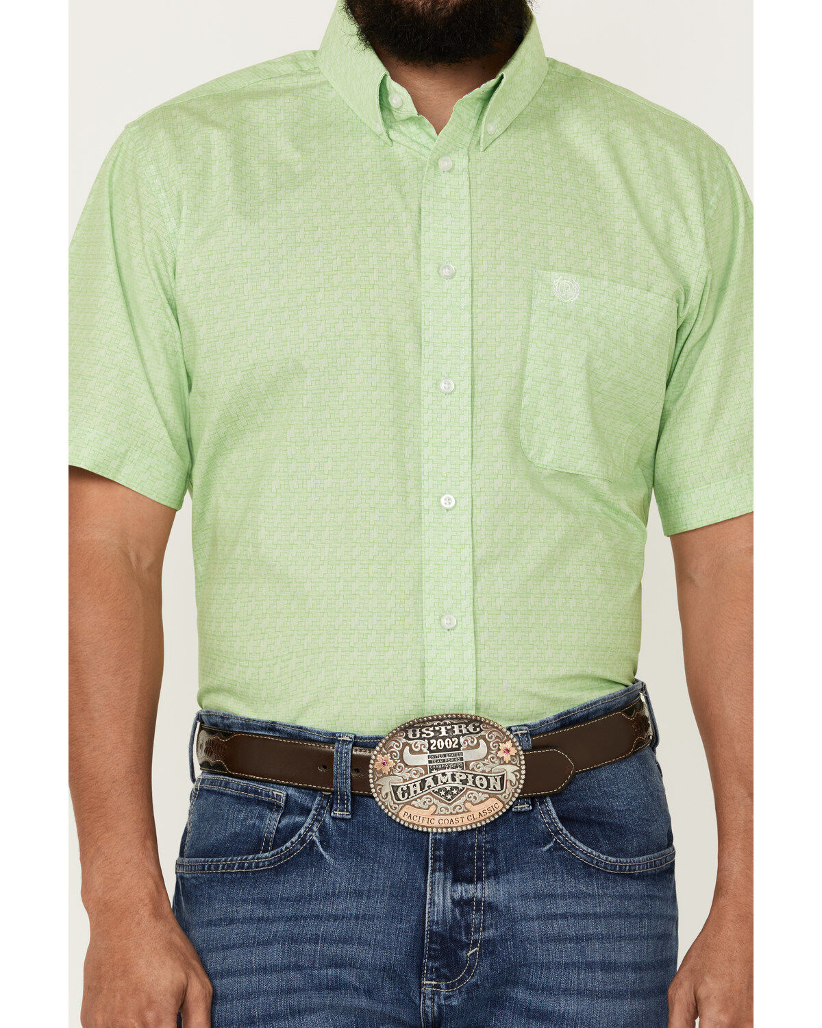 Image #3 - Panhandle Select Men's Geo Print Short Sleeve Button-Down Western Shirt, Light Green, hi-res