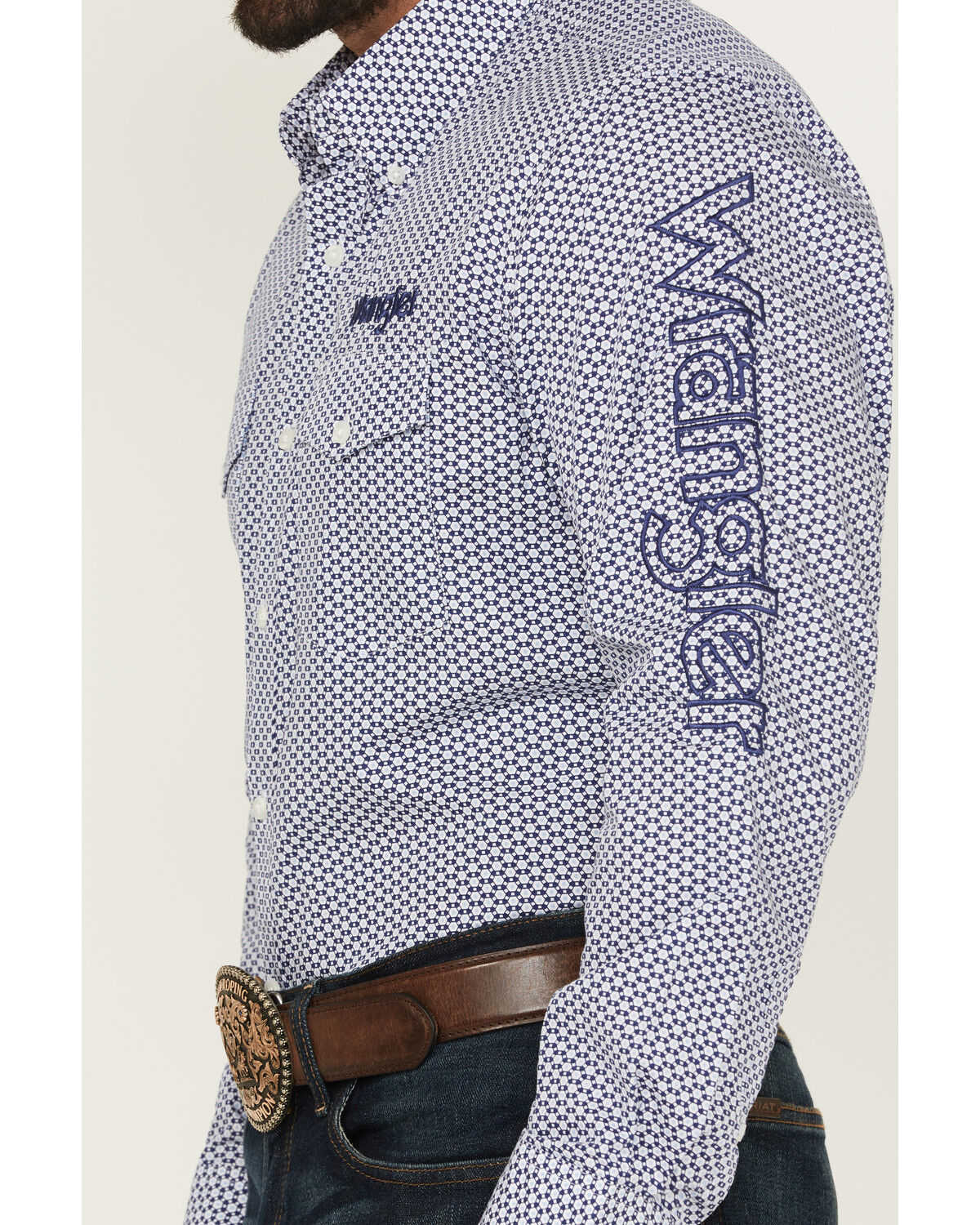 Image #3 - Wrangler Men's Logo Geo Print Long Sleeve Button-Down Western Shirt - Tall, Blue, hi-res