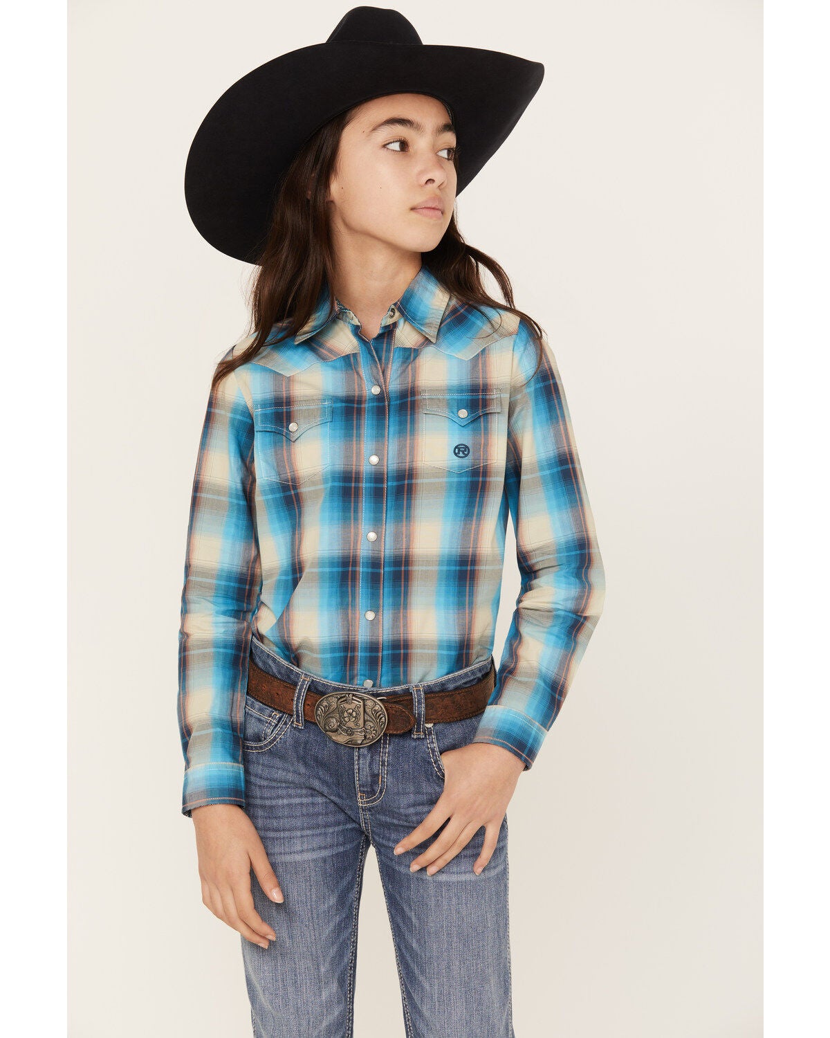 Image #1 - Roper Girls' Plaid Print Long Sleeve Pearl Snap Western Shirt, , hi-res