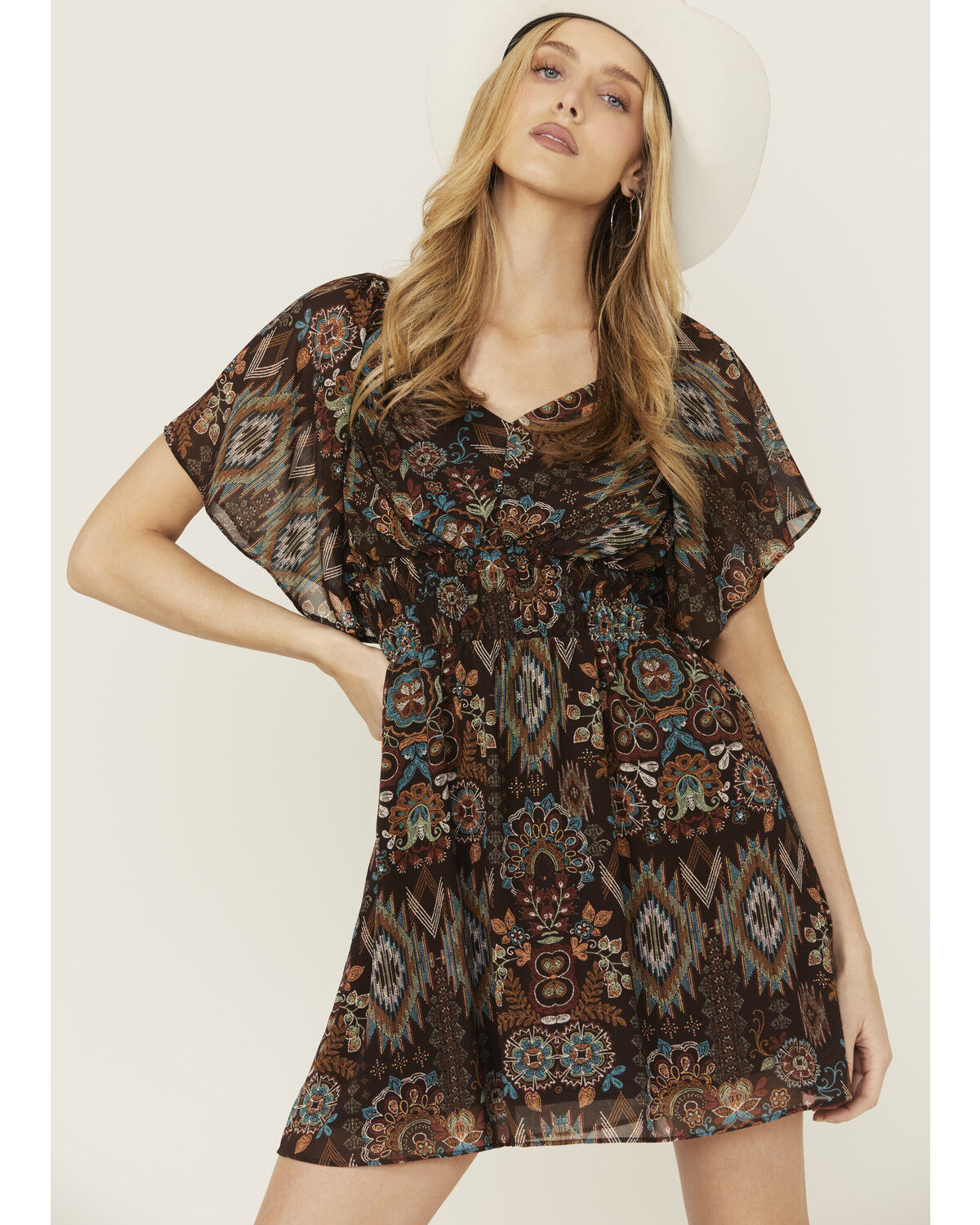 Image #1 - Shyanne Women's Printed Short Sleeve Handkerchief Mini Dress, Dark Brown, hi-res
