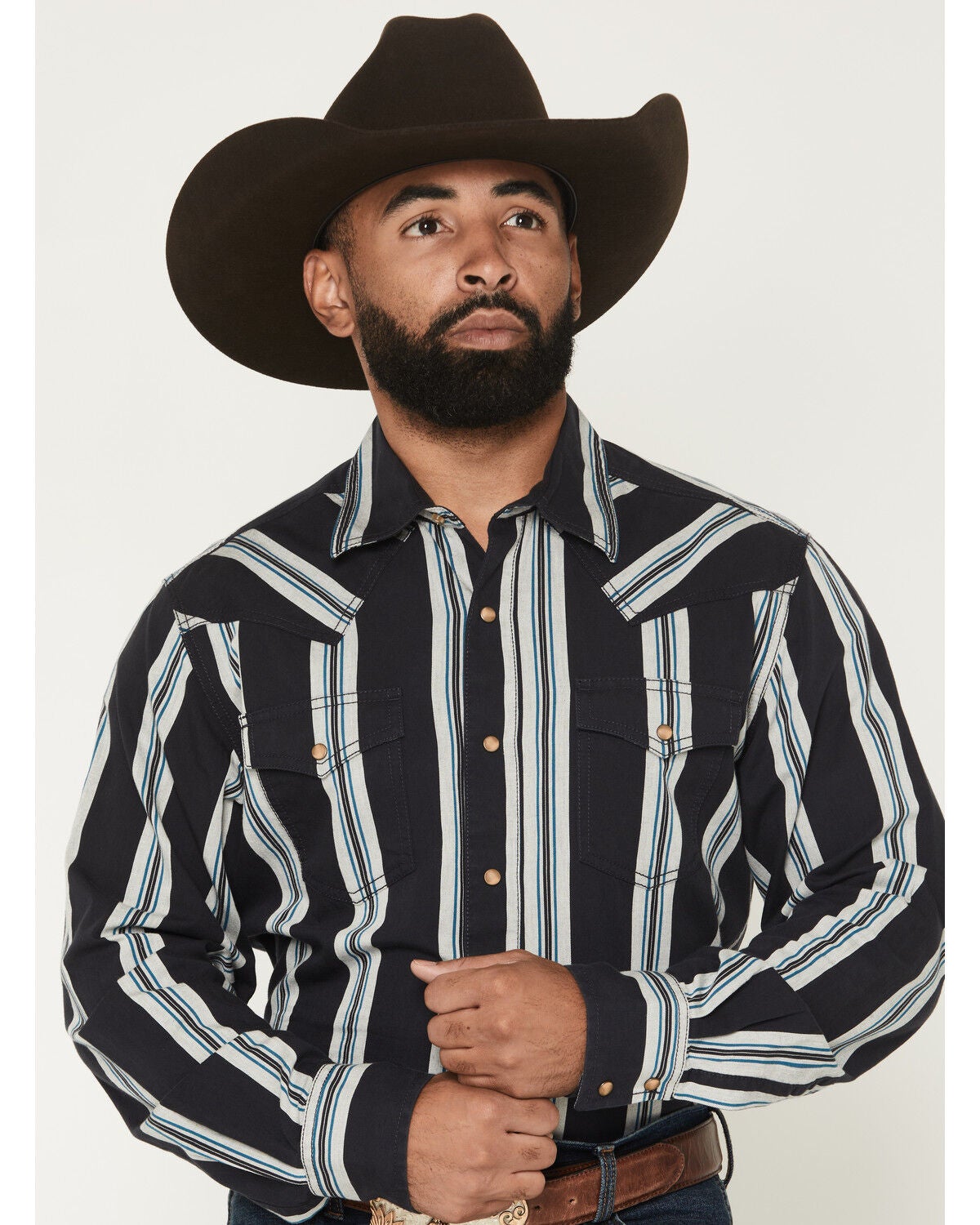 Image #1 - Wrangler Men's Boot Barn Exclusive Retro Stripe Print Long Sleeve Snap Western Shirt, Navy, hi-res