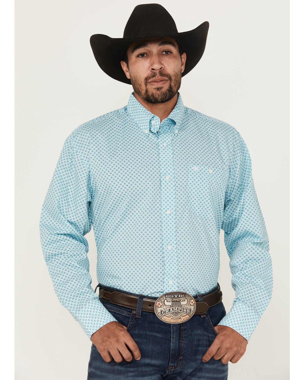 Wrangler Men's Geo Print Long Sleeve Button-Down Stretch Western Shirt, Aqua, hi-res