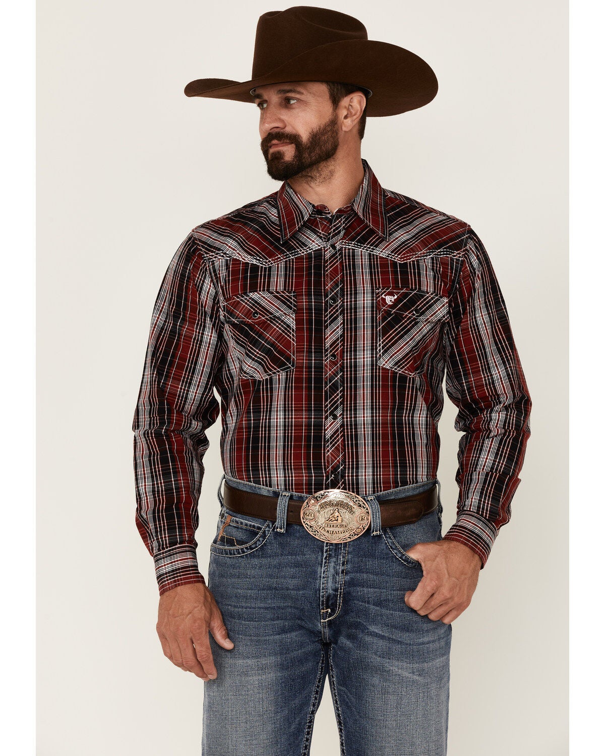 Image #1 - Cowboy Hardware Men's Multi Plaid Print Long Sleeve Snap Western Shirt, Red, hi-res