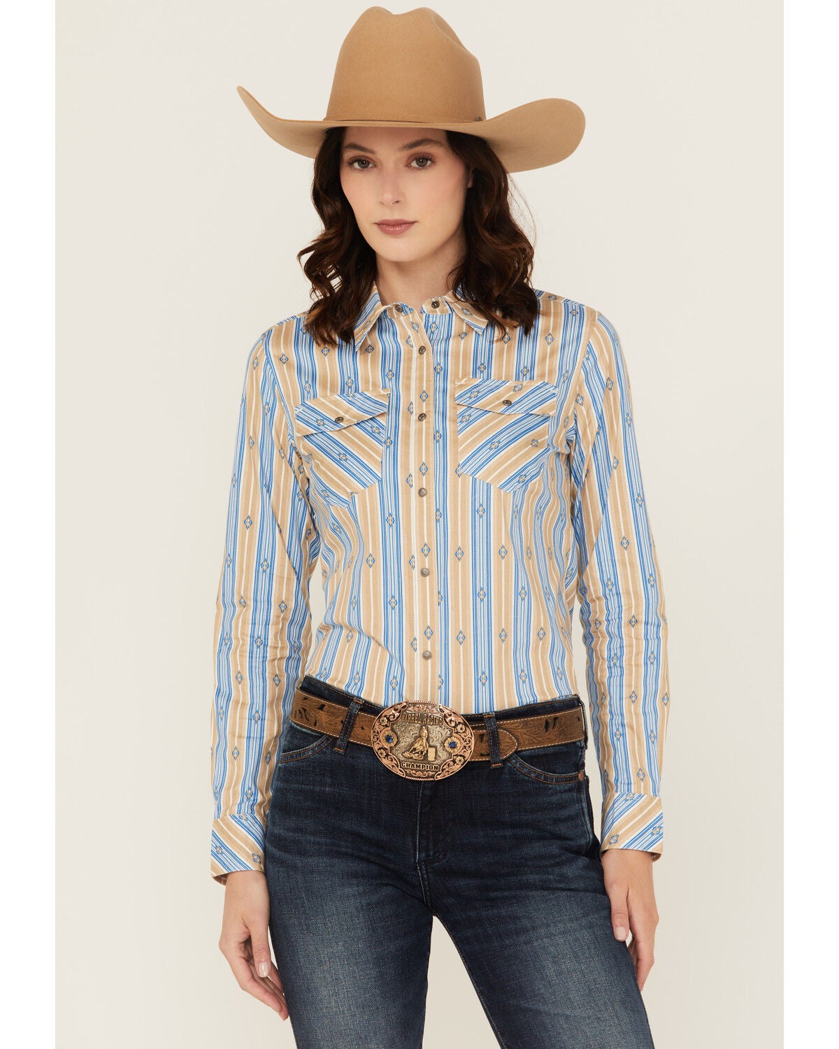 Shyanne Women's Serape Striped Long Sleeve Snap Stretch Western Shirt, Blue, hi-res