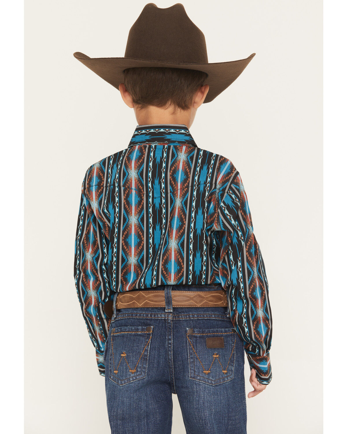 Image #4 - Wrangler Boys' Checotah Southwestern Striped Print Long Sleeve Snap Western Shirt, Teal, hi-res