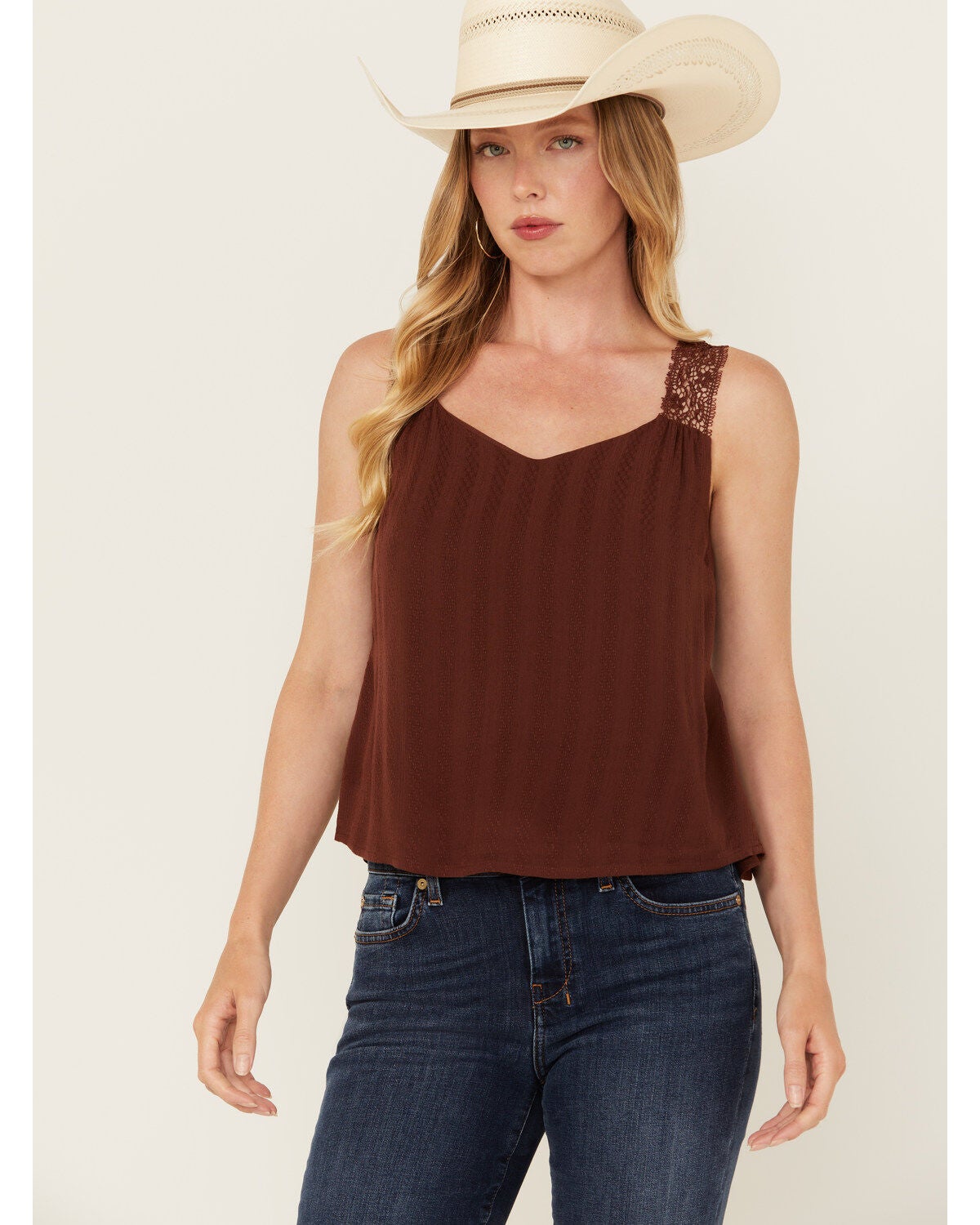 Shyanne Women's Lace Trim Cami, Medium Brown, hi-res