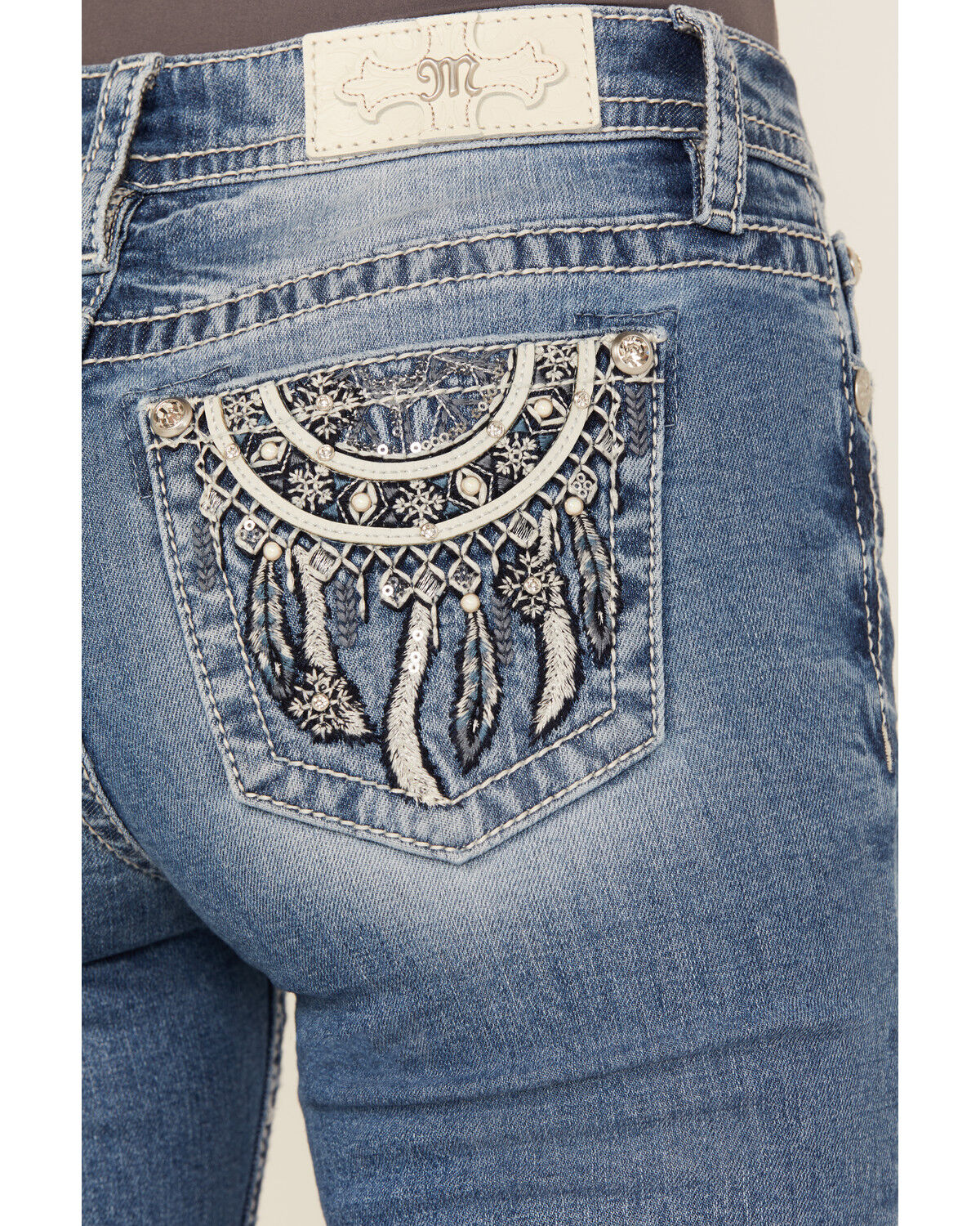 Image #2 - Miss Me Women's Medium Wash Dream Catcher Embroidered Mid Rise 32" Bootcut Stretch Denim Jeans, Medium Wash, hi-res