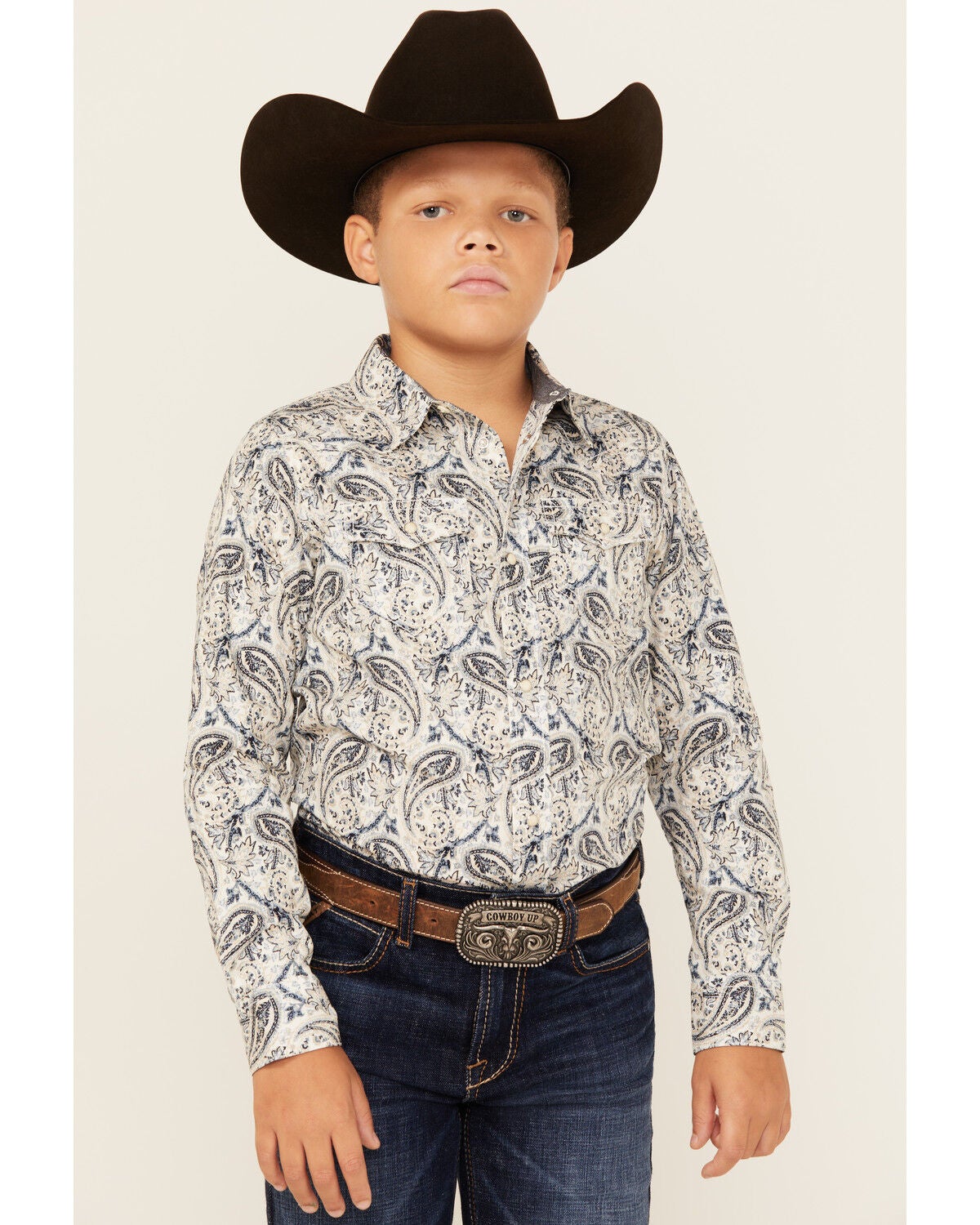 Cody James Boys' Rodeo Runway Paisley Print Long Sleeve Snap Western Shirt, Blue, hi-res