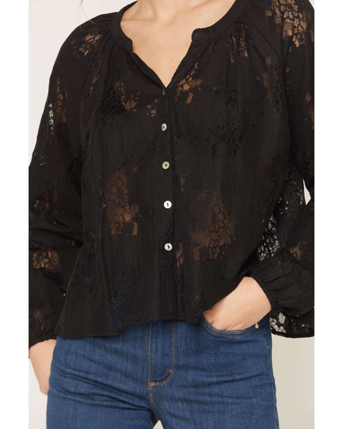 Image #3 - Wild Moss Women's Solid Lace Long Sleeve Button-Down Peasant Top, Black, hi-res