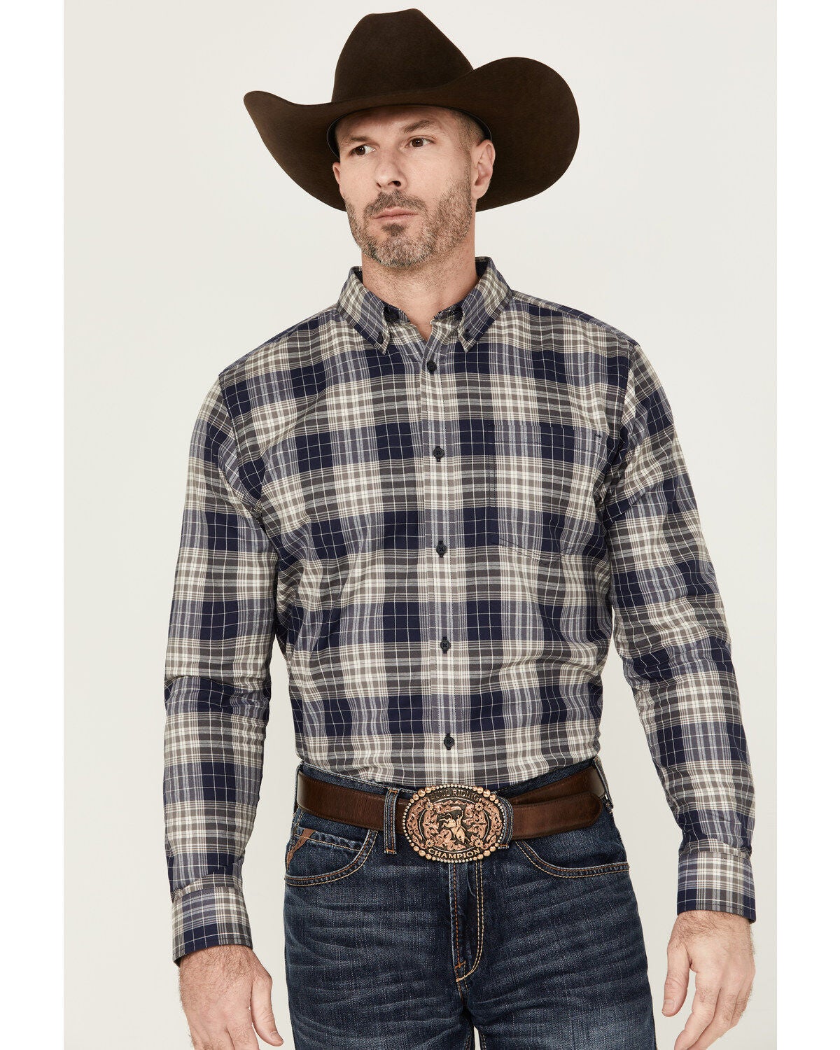 Cody James Men's Howdy Plaid Print Long Sleeve Button-Down Stretch Western Shirt, Navy, hi-res