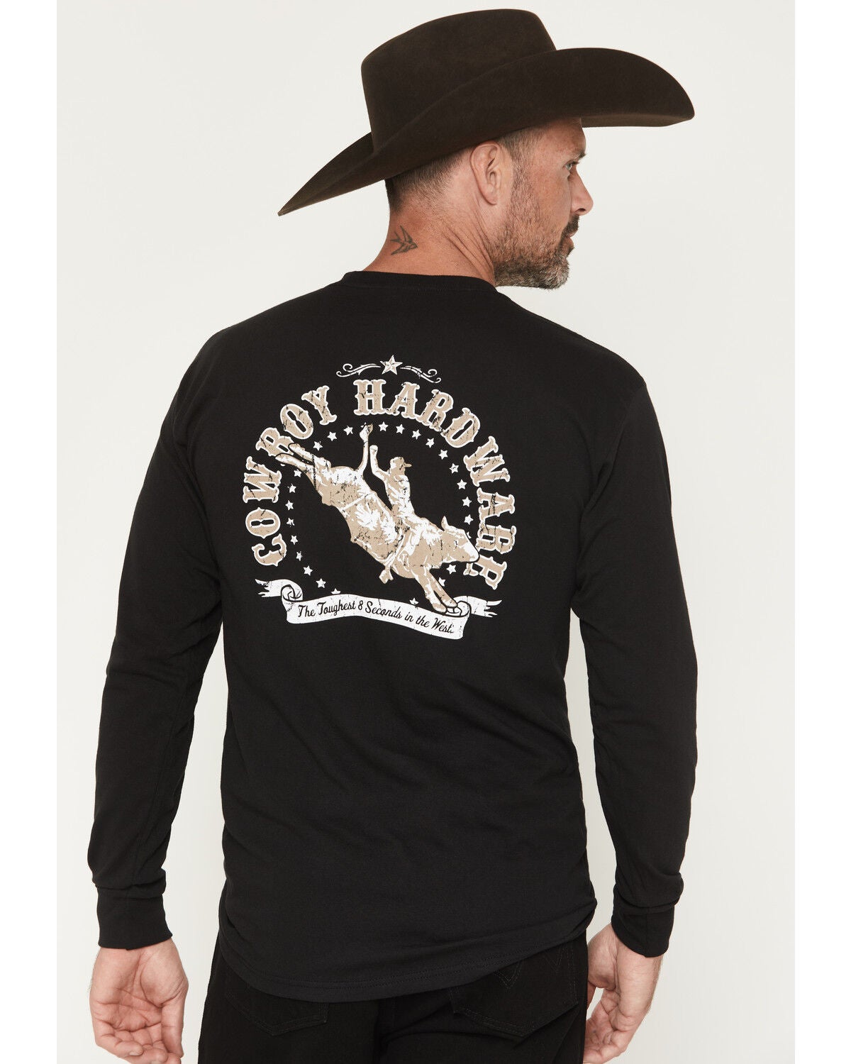Cowboy Hardware Men's Toughest 8 Seconds Long Sleeve Graphic T-Shirt, Black, hi-res