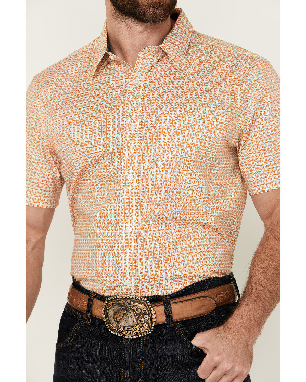 Image #3 - Cody James Men's Gold Coast Geo Print Short Sleeve Button-Down Stretch Western Shirt, Gold, hi-res