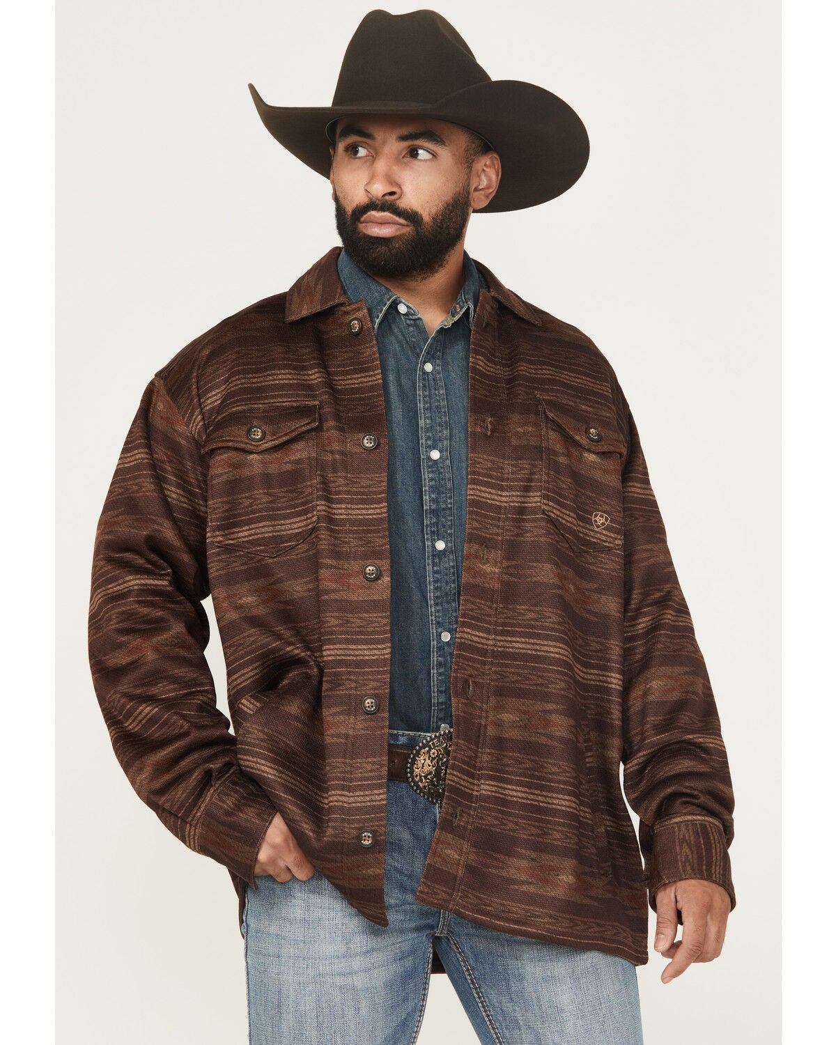 Ariat Men's Caldwell Southwestern Serape Stripe Print Long Sleeve Button-Down Shirt Jacket, Maroon, hi-res