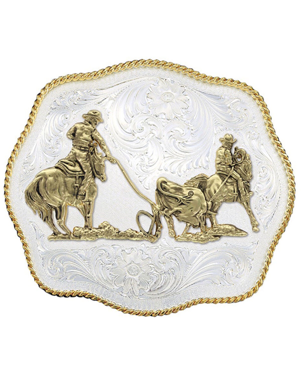 Montana Silversmiths Scalloped Team Ropers Western Belt Buckle, Silver, hi-res