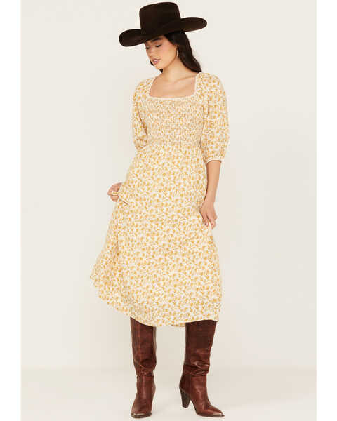 Yura Women's Floral Print Midi Dress, Mustard, hi-res