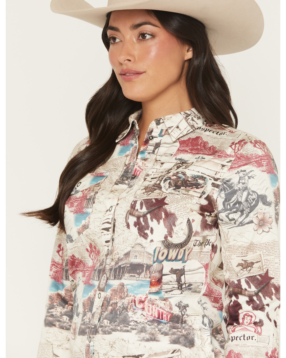 Image #2 - Shyanne Women's Spiritdance Conversational Print Long Sleeve Snap Stretch Western Shirt, Cream, hi-res