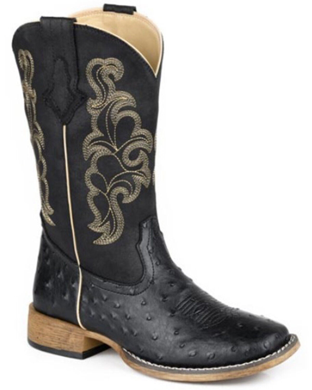 Roper Women's Cowboy Classic Ostrich Print Western Boots - Broad Square Toe, Black, hi-res