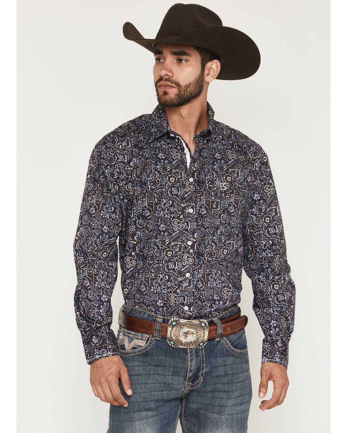 Image #1 - Rough Stock by Panhandle Men's Floral Print Long Sleeve Button-Down Stretch Western Shirt, Dark Brown, hi-res