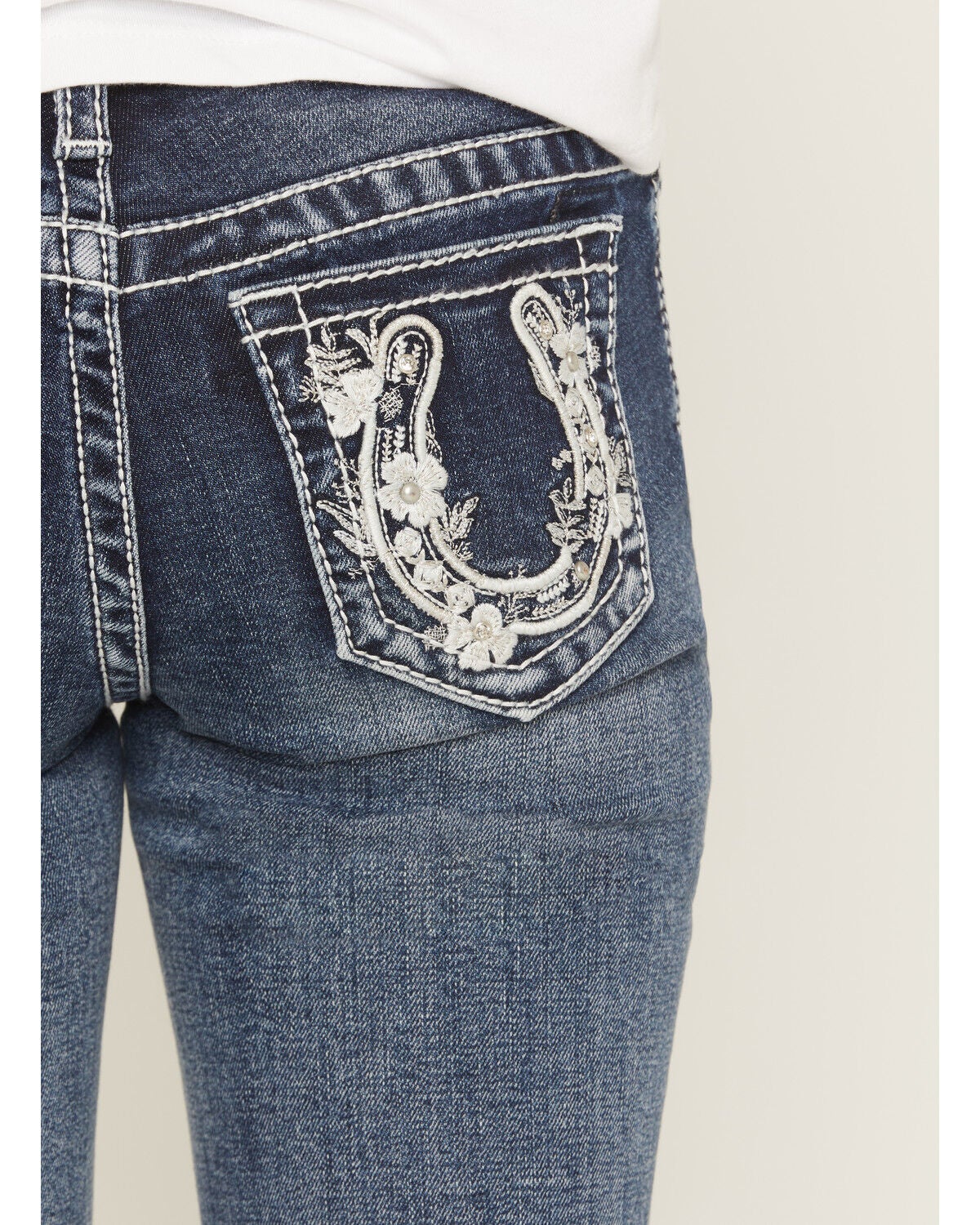 Image #2 - Grace in LA Girls' Floral Horseshoe Embroidered Bootcut Stretch Denim Jeans, Dark Wash, hi-res