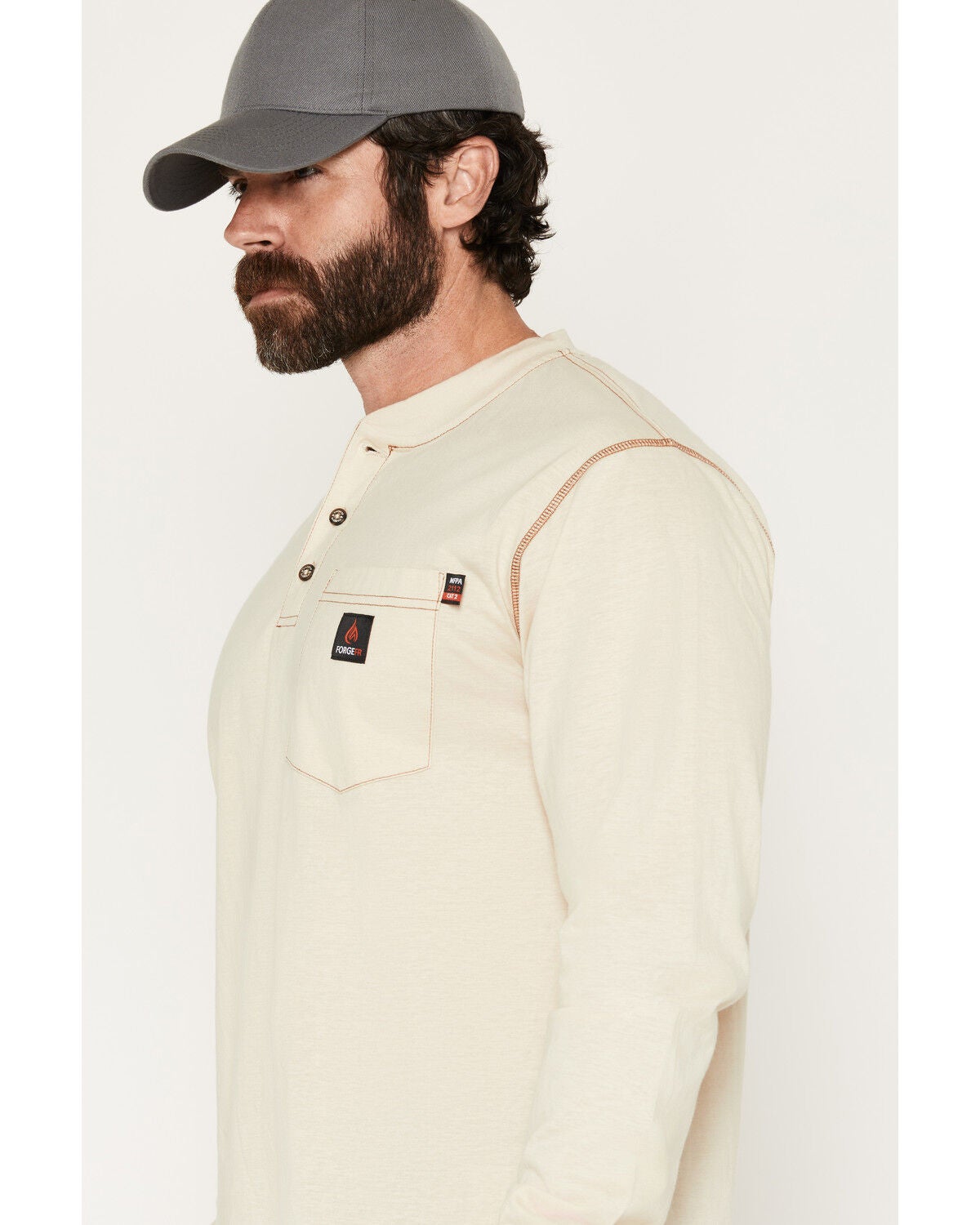 Image #2 - Forge Workwear Men's FR Solid Long Sleeve 1/4 Button-Down Henley Work Shirt, Sand, hi-res