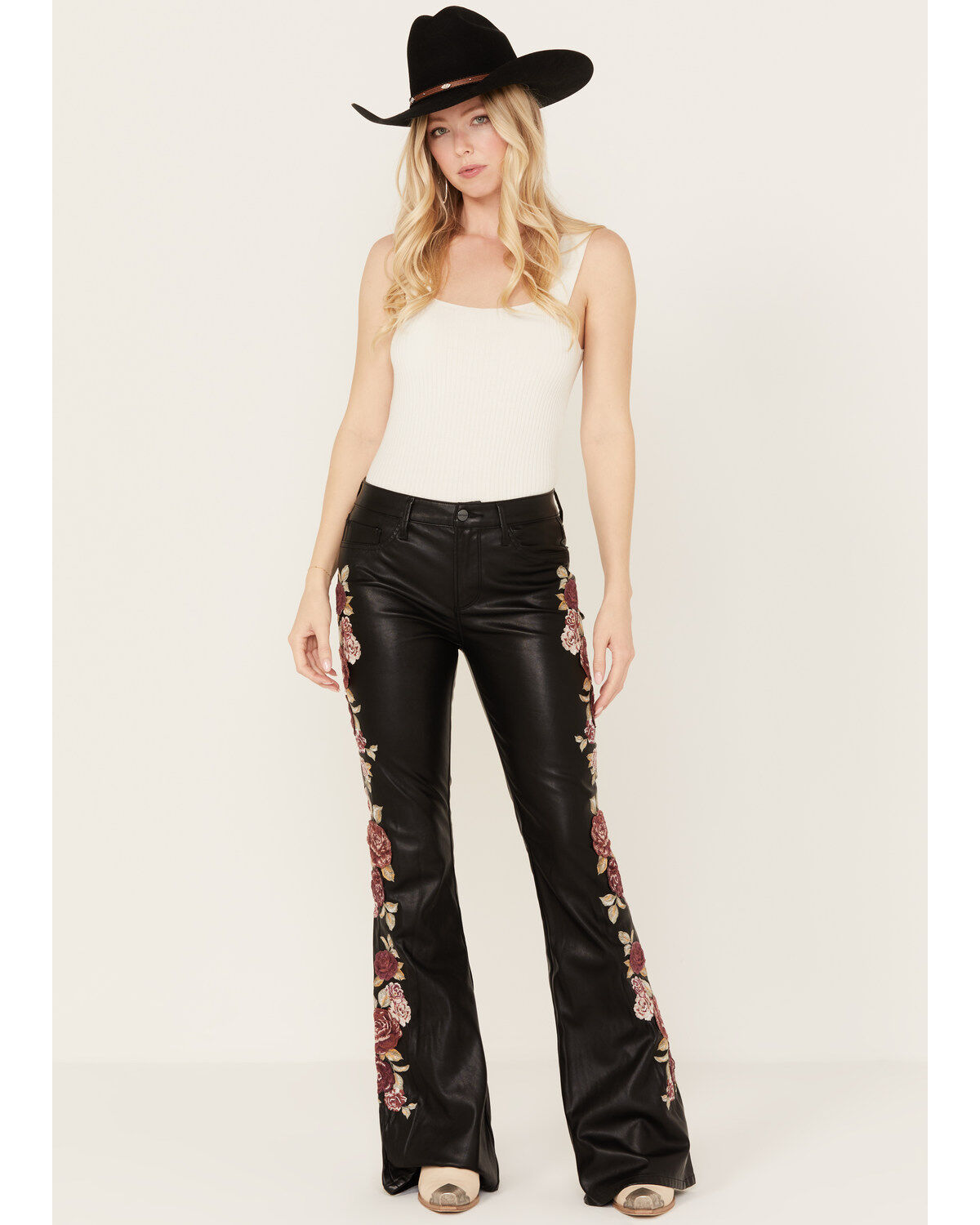 Image #1 - Driftwood Women's High Rise Vegan Leather Fallen Roses Flare Pants, Black, hi-res
