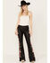 Image #1 - Driftwood Women's High Rise Vegan Leather Fallen Roses Flare Pants, Black, hi-res