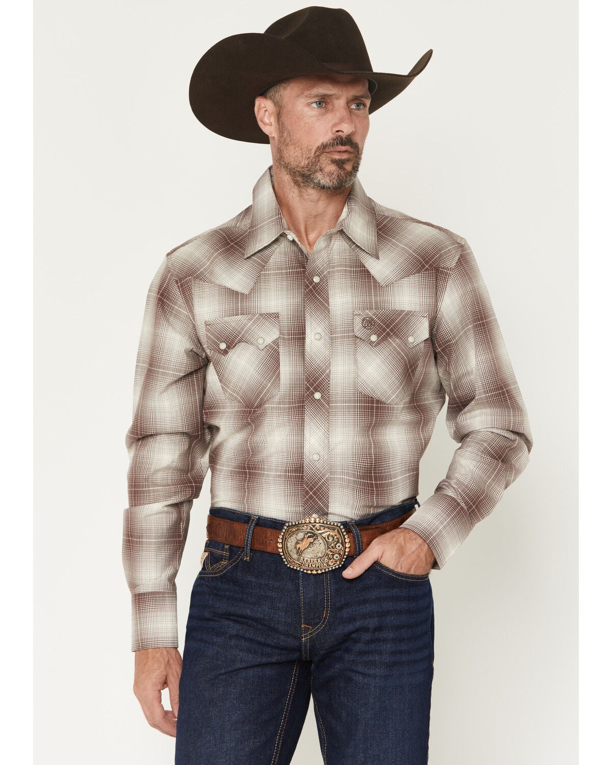 Wrangler Retro Men's Plaid Print Long Sleeve Snap Western Shirt - Tall, Brown, hi-res