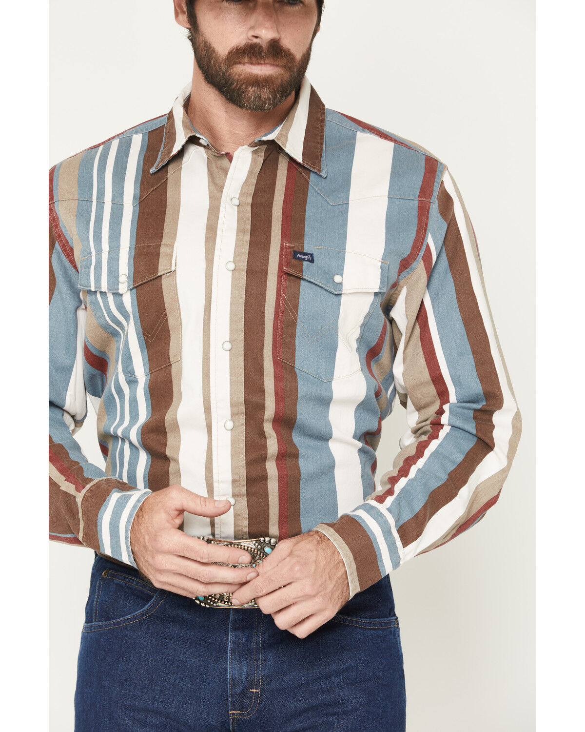 Product Name:  Wrangler Men's Brushpopper Denim Striped Long Sleeve Snap Western Shirt