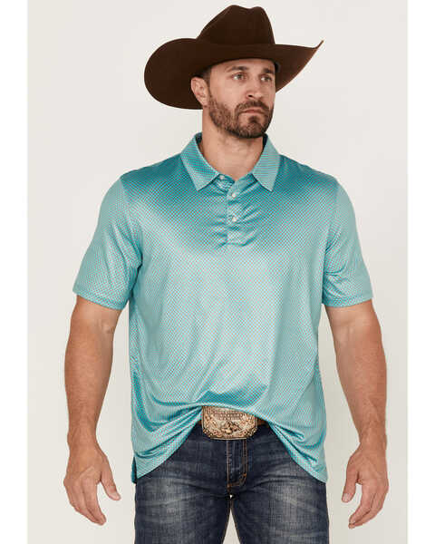 Panhandle Men's Performance Geo Print Short Sleeve Snap Polo Shirt , Teal, hi-res