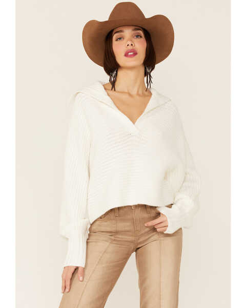 Revel Women's Sierra Collar Knit Long Sleeve Pullover Sweatshirt, White, hi-res