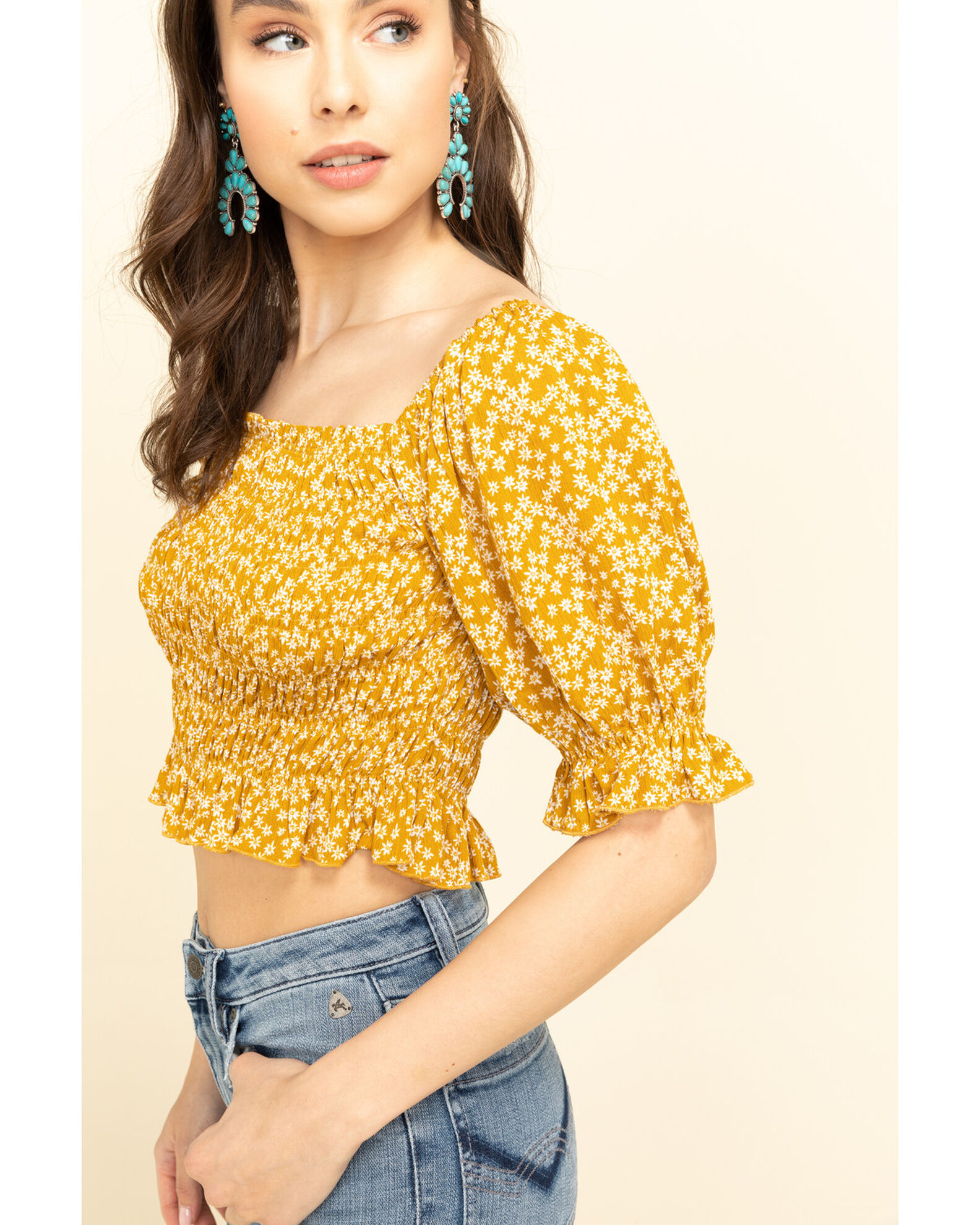 Image #4 - Loveriche Women's Floral Print Smocked Crop Top, Mustard, hi-res