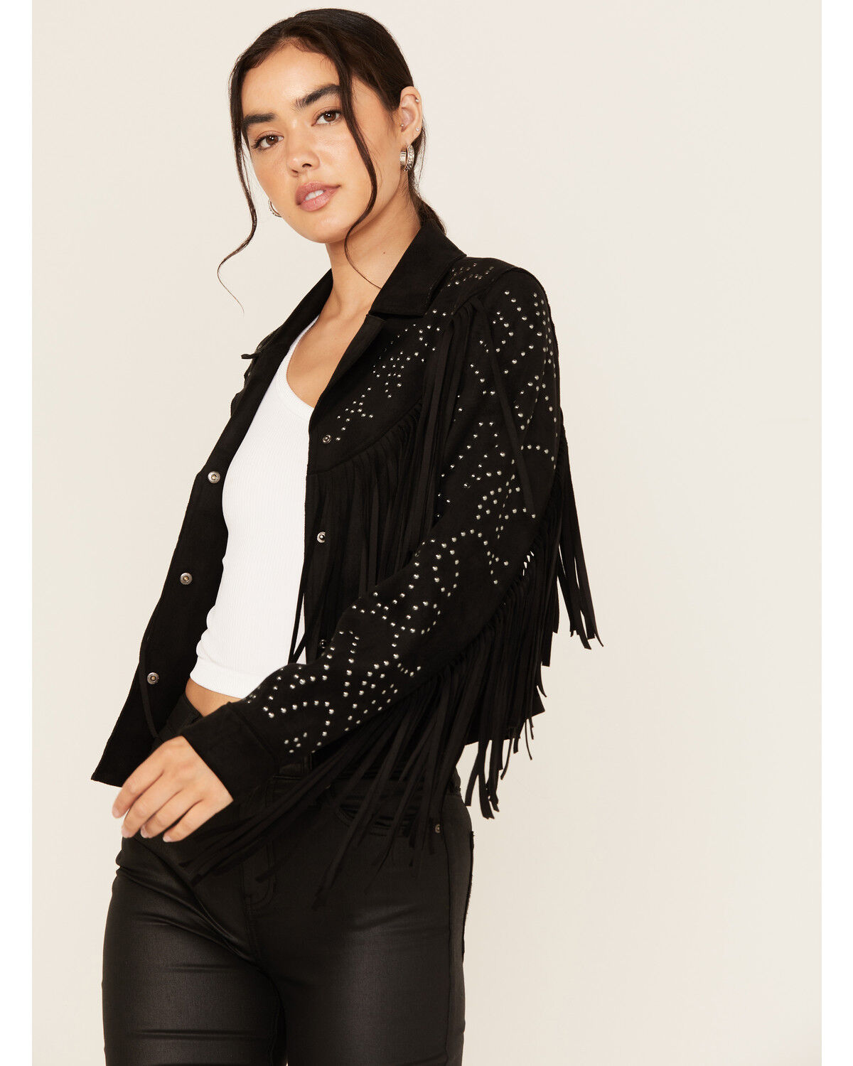 Image #1 - Idyllwind Women's Blair Fringe and Studded Faux Suede Snap Jacket, Black, hi-res