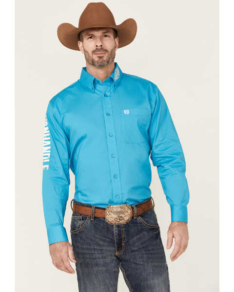 Panhandle Select Men's Logo Embroidered Long Sleeve Button-Down Western Shirt , Turquoise, hi-res