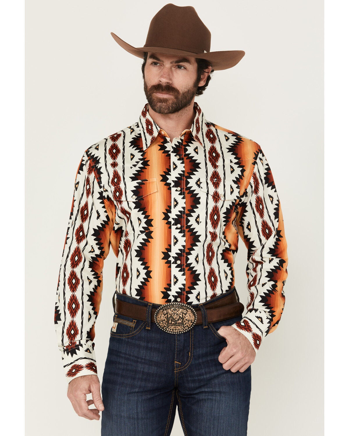 Wrangler Men's Checotah Southwestern Print Long Sleeve Snap Western Shirt, Orange, hi-res