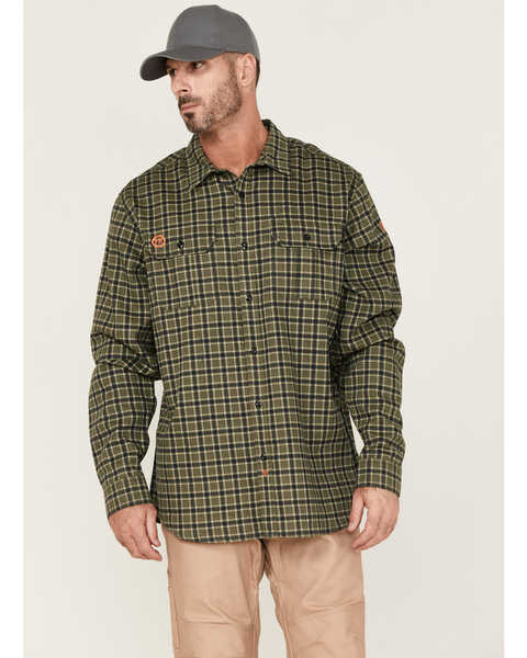Hawx Men's FR Plaid Print Woven Long Sleeve Button Down Work Shirt , Olive, hi-res