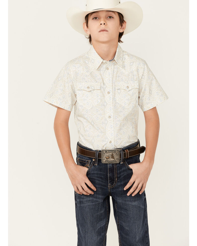 Cody James Boys' Wanderer Southwestern Print Short Sleeve Snap Western Shirt , Cream, hi-res
